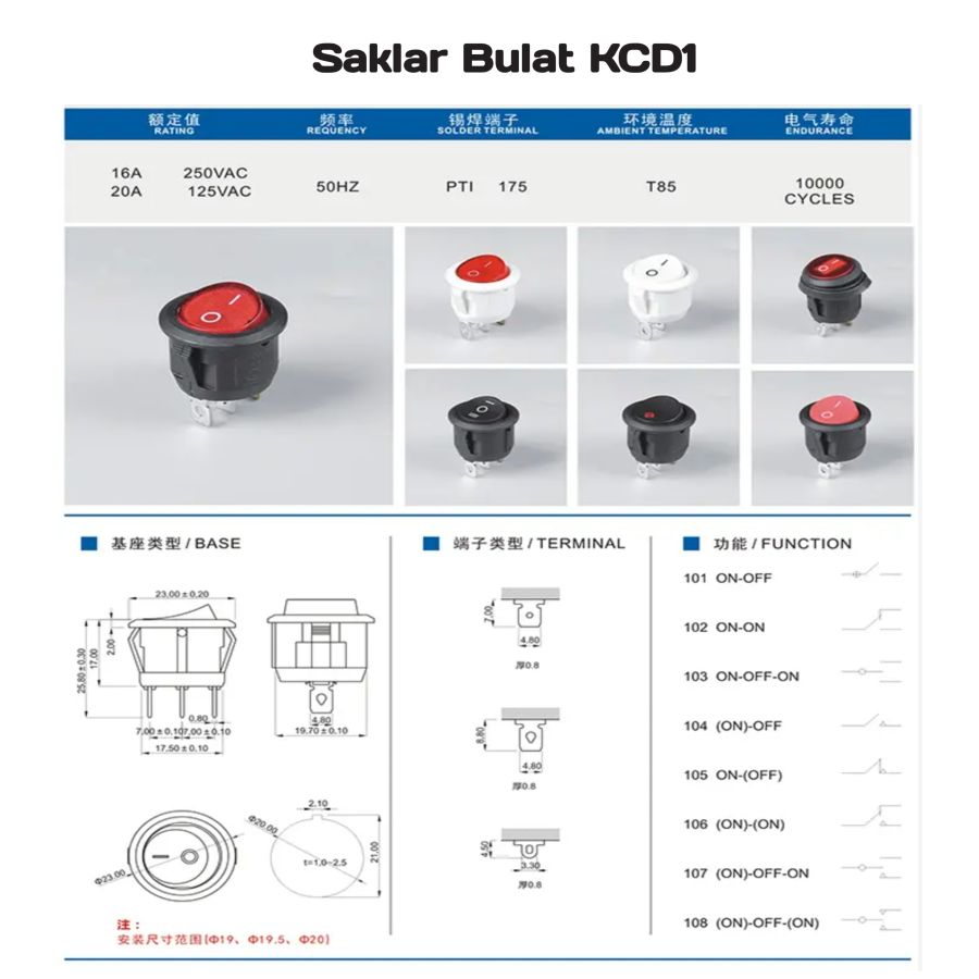 Saklar KCD1 bulat LED 3Pin-Kuning